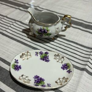 Norcrest Sweet Violet Floral Porcelain Creamer and Saucer Set